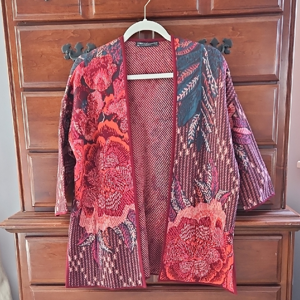Peruvian Connection Red and Pink Patchwork Cardigan